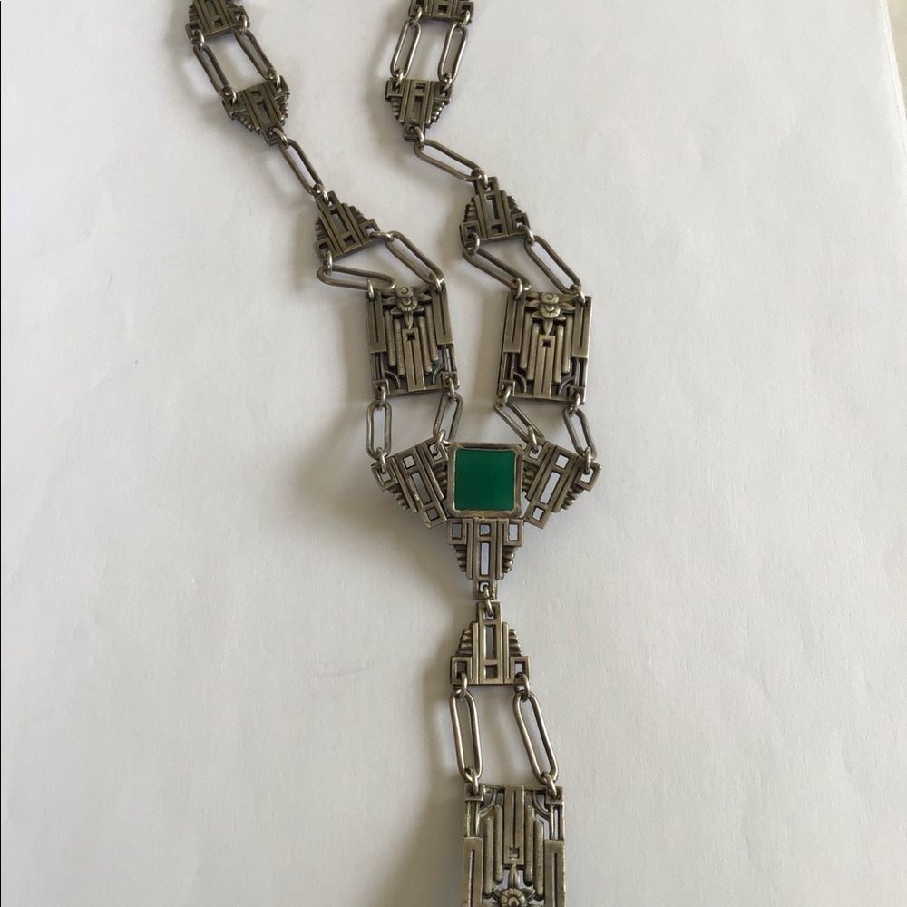 Antique Art Deco Sterling Chrysoprase Necklace - Picture 9 of 11